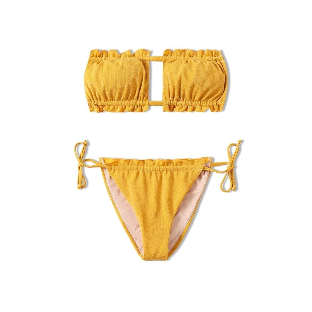 New Yellow Bikini Sexy Strapless Bandeau Bikini 981 Metallic Frilly Side Tie‎ M